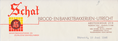 712024 Briefhoofd van een brief van Schat, [Brood- en Banketbakkerijen], Abstederdijk 219 te Utrecht.